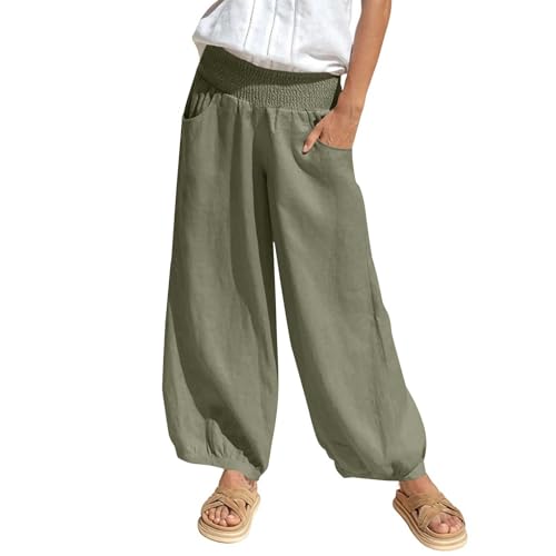 Leinenhose Sommerhose Damen - Leichte Stoffhose Elastische Taille Freizeithose Boho Strandhose Einfarbig Bequeme Musselin Hose Weites Bein Yogahose Lässige Haremhose Mit Taschen Leinenhose Sommerhose Damen - Leichte Stoffhose Elastische Taille Freizeithose Boho Strandhose Einfarbig Bequeme Musselin Hose Weites Bein Yogahose Lässige Haremhose Mit Taschen von Generic
