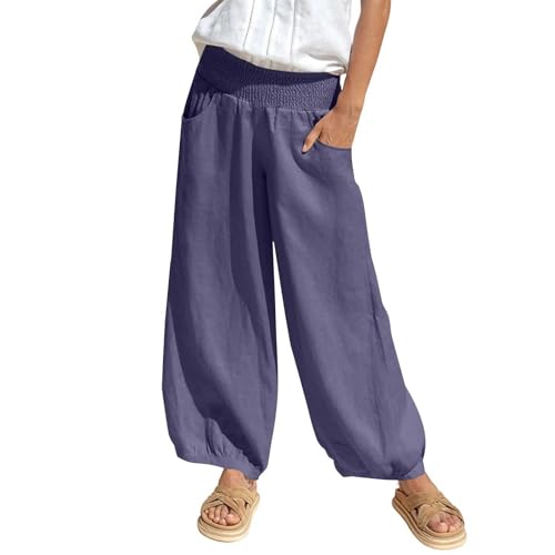 Leinenhose Sommerhose Damen - Leichte Stoffhose Elastische Taille Freizeithose Boho Strandhose Einfarbig Bequeme Musselin Hose Weites Bein Yogahose Lässige Haremhose Mit Taschen von Generic