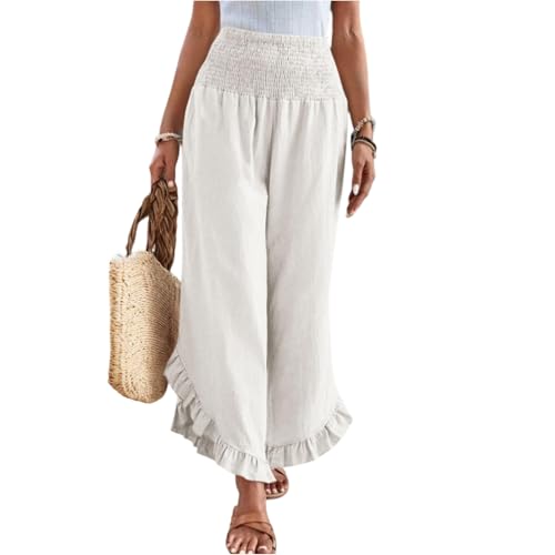 Leinenhose Sommerhose Damen Leichte Stoffhose Freizeithose Strandhose Einfarbig Bequeme Harem Musselin Hose mit Weites Bein,Weiß,XXL von Generic