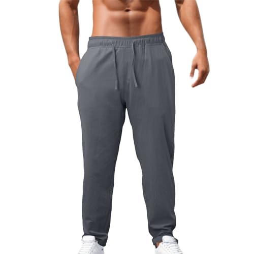 Leinenhosen Herren Lang Leicht Sommerhose Loose Fit Standhosen Männer Einfarbig Freizeithose 2025 Sommer Bequeme Hose mit Kordelzug für Urlaub Strand Alltag von Generic