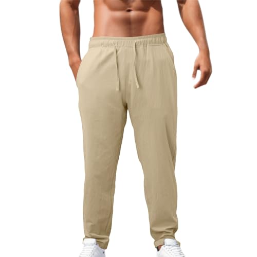 Leinenhosen Herren Lang Leicht Sommerhose Loose Fit Standhosen Männer Einfarbig Freizeithose 2025 Sommer Bequeme Hose mit Kordelzug für Urlaub Strand Alltag von Generic