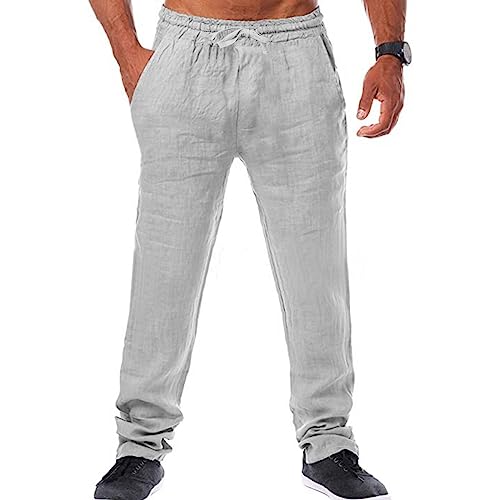 Leinenhosen Herren Lang Leicht Sommerhose Loose Fit Standhosen Männer Einfarbig Freizeithose 2025 Sommer Bequeme Hose mit Kordelzug für Urlaub Strand Alltag von Generic