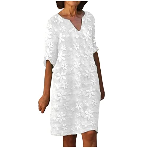 Leinenkleid Damen Kurzarm Sommerkleid mit Spitzen Boho Kleid V-Ausschnitt Strandkleid Knielang Leinenkleider Baumwolle Leinen Blusenkleid Weiß Freizeitkleid Elegant Sommer Tunika Kleid von Generic