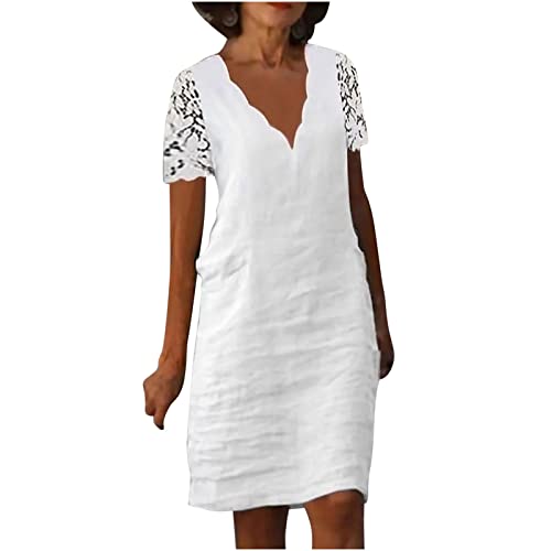Leinenkleid Damen Kurzarm Sommerkleid mit Spitzen Boho Kleid V-Ausschnitt Strandkleid Knielang Leinenkleider Baumwolle Leinen Blusenkleid Weiß Freizeitkleid Elegant Sommer Tunika Kleid von Generic