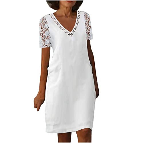 Leinenkleid Damen Kurzarm Sommerkleid mit Spitzen Boho Kleid V-Ausschnitt Strandkleid Knielang Leinenkleider Baumwolle Leinen Blusenkleid Weiß Freizeitkleid Elegant Sommer Tunika Kleid von Generic