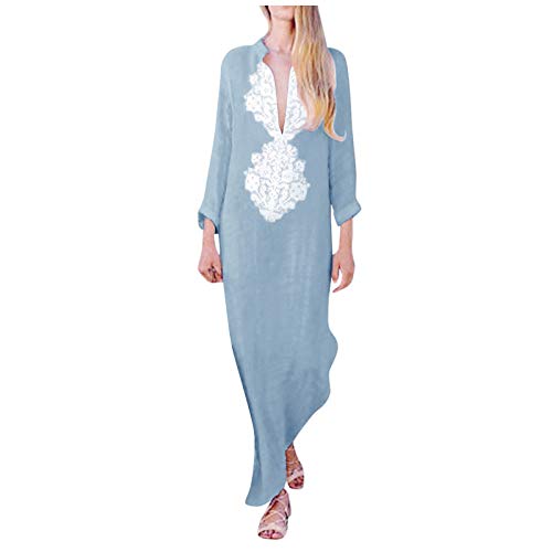 Leinenkleid Damen Lang Langarm Sommerkleid Print Leinenkleider Baumwolle Leinen Blusenkleid V-Ausschnitt Freizeitkleid Strandkleider Boho Kleid A-Linie Hemdblusenkleid, Blau, XXL von Generic