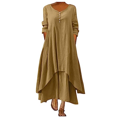 Leinenkleid Damen Lang Mittelalter - Baumwolle Leinen Einfarbig Kaftan Boho Große Größen Mit Taschen Lose Langarm V-Ausschnitt Falten Lange Schichten Maxikleid Freizeitkleid Casual Oversize Kleid von Generic