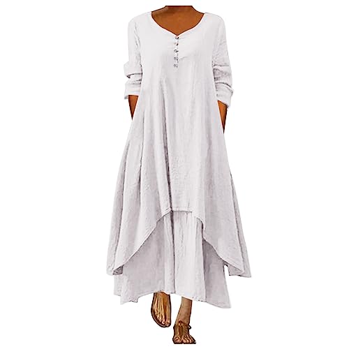 Leinenkleid Damen Lang Mittelalter - Baumwolle Leinen Einfarbig Kaftan Boho Große Größen Mit Taschen Lose Langarm V-Ausschnitt Falten Lange Schichten Maxikleid Freizeitkleid Casual Oversize Kleid von Generic