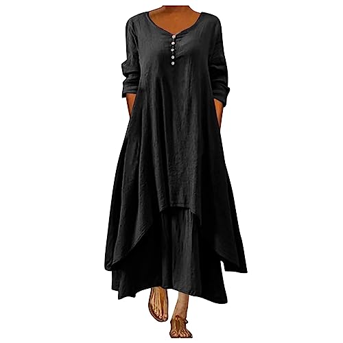 Leinenkleid Damen Lang Mittelalter - Baumwolle Leinen Einfarbig Kaftan Boho Große Größen Mit Taschen Lose Langarm V-Ausschnitt Falten Lange Schichten Maxikleid Freizeitkleid Casual Oversize Kleid von Generic