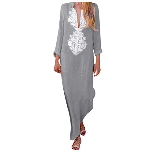 Leinenkleid Damen Lang Sommer Langarm Sommerkleid Damen Print Leinenkleider Baumwolle Leinen Blusenkleid Casual V-Ausschnitt Freizeitkleid Strandkleider Boho Kleid A-Linie Kleid Hemdblusenkleid von Generic