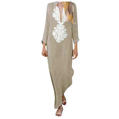Leinenkleid Damen Lang Sommer Langarm Sommerkleid Damen Print Leinenkleider Baumwolle Leinen Blusenkleid V-Ausschnitt Freizeitkleid Strandkleider Boho Kleid A-Linie Kleid Hemdblusenkleid, Khaki, S von Generic