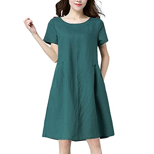 Leinenkleid Damen Rundhals Kurzarm Sommerkleid Leinenkleider Baumwolle Leinen Blusenkleid Freizeitkleid Strandkleider Boho Kleid A-Linie Hemdblusenkleid, Grün, 3XL von Generic