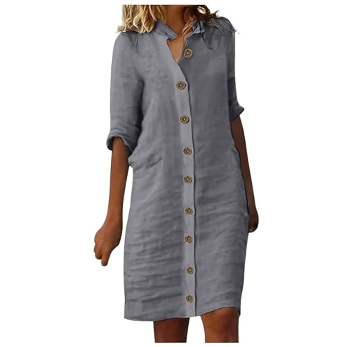 Leinenkleid Damen Sommer Hemdkleid mit Knopfleiste Kurzarm V-Ausschnitt Sommerkleid Damen Knielang Leinenkleider Baumwolle Leinen Kleider Casual Freizeitkleid Strandkleider Boho Kleid Musselin Kleid von Generic