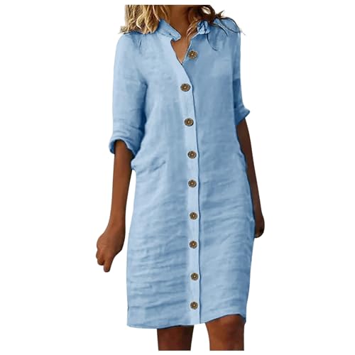 Leinenkleid Damen Sommer Hemdkleid mit Knopfleiste Kurzarm V-Ausschnitt Sommerkleid Damen Knielang Leinenkleider Baumwolle Leinen Kleider Casual Freizeitkleid Strandkleider Boho Kleid Musselin Kleid von Generic