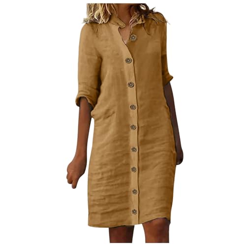 Leinenkleid Damen Sommer Hemdkleid mit Knopfleiste Kurzarm V-Ausschnitt Sommerkleid Damen Knielang Leinenkleider Baumwolle Leinen Kleider Casual Freizeitkleid Strandkleider Boho Kleid Musselin Kleid von Generic