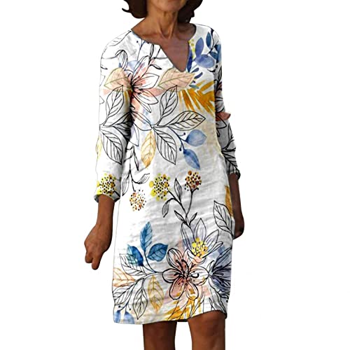 Leinenkleid Damen Sommer Herbst V-Ausschnitt Langarm Sommerkleid Damen Knielang Leinenkleider Baumwolle Leinen Blusenkleid Casual Drucken Freizeitkleid Strandkleider Boho Kleid A-Linie Kleid von Generic