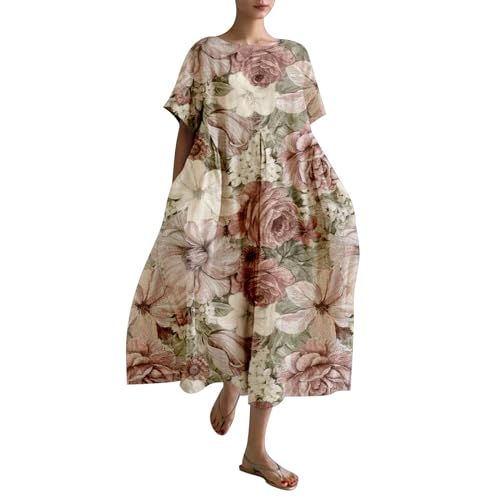 Leinenkleid Damen Sommer Lang Boho Große Größen Maxikleid Loose Rundhals Freizeitkleid Blumen Druck Urlaubskleid Halbärmeln Longshirt Vintage Maxi Dress Mode Strandkleid Lange Kleid von Generic