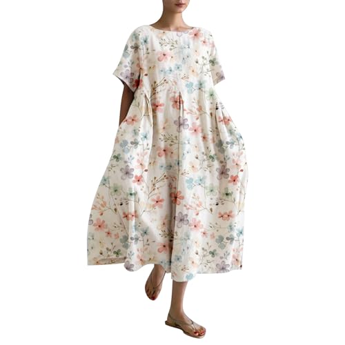 Leinenkleid Damen Sommer Lang Boho Große Größen Maxikleid Loose Rundhals Freizeitkleid Blumen Druck Urlaubskleid Halbärmeln Longshirt Vintage Maxi Dress Mode Strandkleid Lange Kleid von Generic