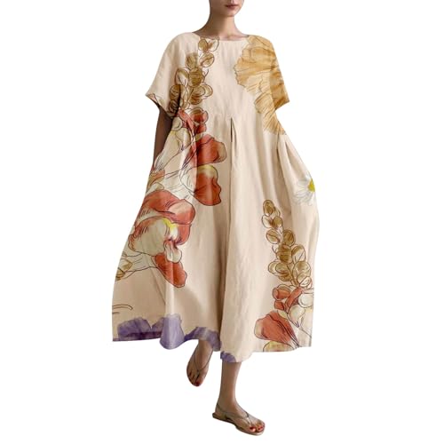 Leinenkleid Damen Sommer Lang Boho Große Größen Maxikleid Loose Rundhals Freizeitkleid Blumen Druck Urlaubskleid Halbärmeln Longshirt Vintage Maxi Dress Mode Strandkleid Lange Kleid von Generic