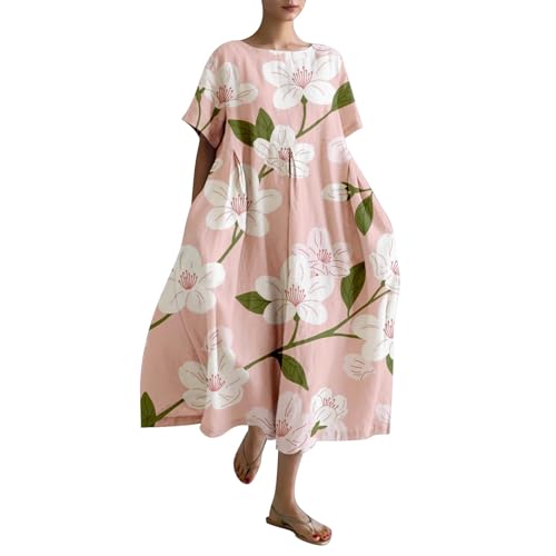 Leinenkleid Damen Sommer Lang Boho Große Größen Maxikleid Loose Rundhals Freizeitkleid Blumen Druck Urlaubskleid Halbärmeln Longshirt Vintage Maxi Dress Mode Strandkleid Lange Kleid von Generic