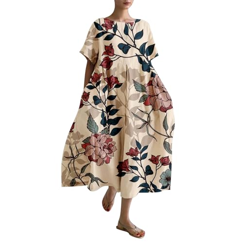 Leinenkleid Damen Sommer Lang Boho Große Größen Maxikleid Loose Rundhals Freizeitkleid Blumen Druck Urlaubskleid Halbärmeln Longshirt Vintage Maxi Dress Mode Strandkleid Lange Kleid von Generic
