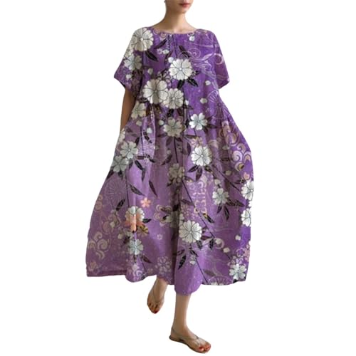 Leinenkleid Damen Sommer Lang Boho Große Größen Maxikleid Loose Rundhals Freizeitkleid Blumen Druck Urlaubskleid Halbärmeln Longshirt Vintage Maxi Dress Mode Strandkleid Lange Kleid von Generic