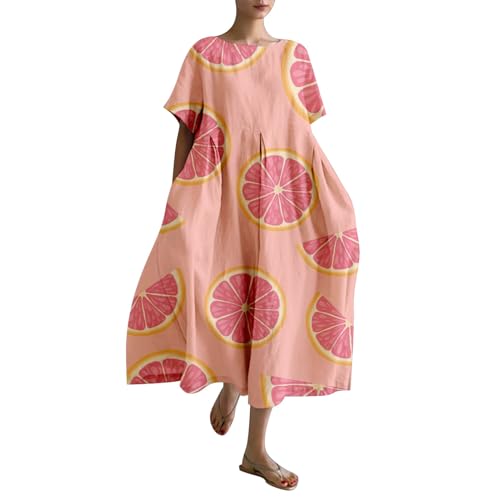 Leinenkleid Damen Sommer Lang Boho Große Größen Maxikleid Loose Rundhals Freizeitkleid Blumen Druck Urlaubskleid Halbärmeln Longshirt Vintage Maxi Dress Mode Strandkleid Lange Kleid von Generic