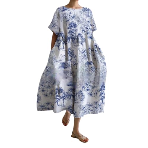 Leinenkleid Damen Sommer Lang Boho Große Größen Maxikleid Loose Rundhals Freizeitkleid Blumen Druck Urlaubskleid Halbärmeln Longshirt Vintage Maxi Dress Mode Strandkleid Lange Kleid von Generic