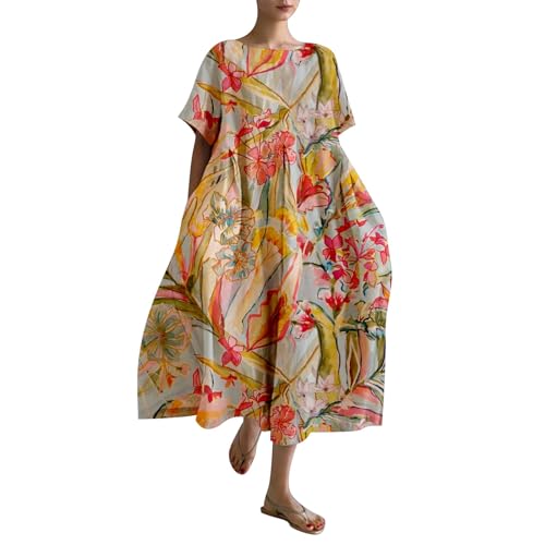 Leinenkleid Damen Sommer Lang Boho Große Größen Maxikleid Loose Rundhals Freizeitkleid Blumen Druck Urlaubskleid Halbärmeln Longshirt Vintage Maxi Dress Mode Strandkleid Lange Kleid von Generic