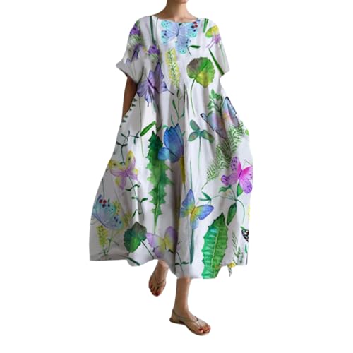 Leinenkleid Damen Sommer Lang Boho Große Größen Maxikleid Loose Rundhals Freizeitkleid Blumen Druck Urlaubskleid Halbärmeln Longshirt Vintage Maxi Dress Mode Strandkleid Lange Kleid von Generic