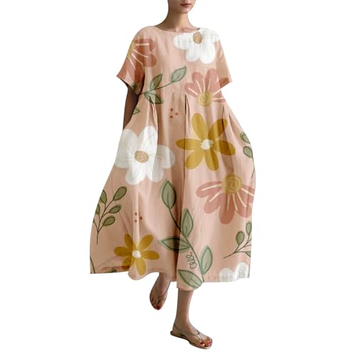 Leinenkleid Damen Sommer Lang Boho Große Größen Maxikleid Loose Rundhals Freizeitkleid Blumen Druck Urlaubskleid Halbärmeln Longshirt Vintage Maxi Dress Mode Strandkleid Lange Kleid von Generic