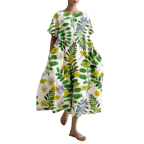 Leinenkleid Damen Sommer Lang Boho Große Größen Maxikleid Loose Rundhals Freizeitkleid Blumen Druck Urlaubskleid Halbärmeln Longshirt Vintage Maxi Dress Mode Strandkleid Lange Kleid von Generic