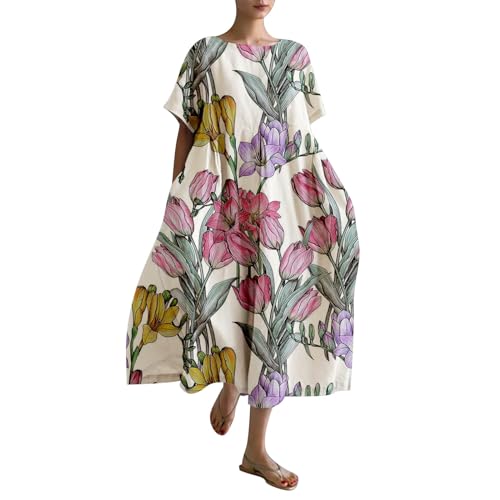 Leinenkleid Damen Sommer Lang Boho Große Größen Maxikleid Loose Rundhals Freizeitkleid Blumen Druck Urlaubskleid Halbärmeln Longshirt Vintage Maxi Dress Mode Strandkleid Lange Kleid von Generic
