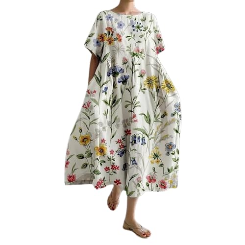 Leinenkleid Damen Sommer Lang Boho Große Größen Maxikleid Loose Rundhals Freizeitkleid Blumen Druck Urlaubskleid Halbärmeln Longshirt Vintage Maxi Dress Mode Strandkleid Lange Kleid von Generic