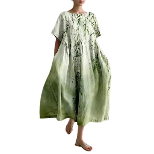 Leinenkleid Damen Sommer Lang Boho Große Größen Maxikleid Loose Rundhals Freizeitkleid Blumen Druck Urlaubskleid Halbärmeln Longshirt Vintage Maxi Dress Mode Strandkleid Lange Kleid von Generic
