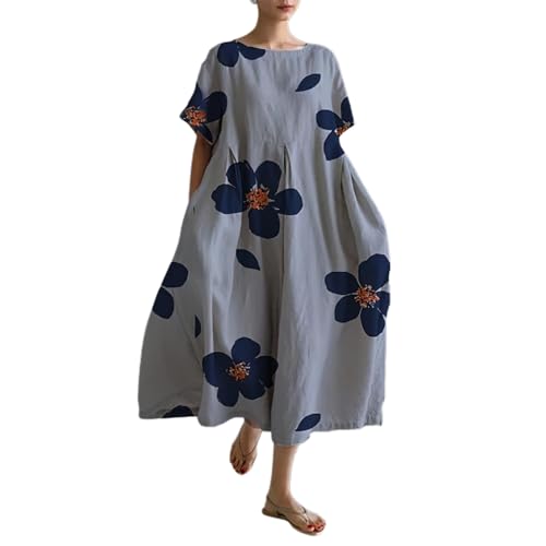 Leinenkleid Damen Sommer Lang Boho Große Größen Maxikleid Loose Rundhals Freizeitkleid Blumen Druck Urlaubskleid Halbärmeln Longshirt Vintage Maxi Dress Mode Strandkleid Lange Kleid von Generic