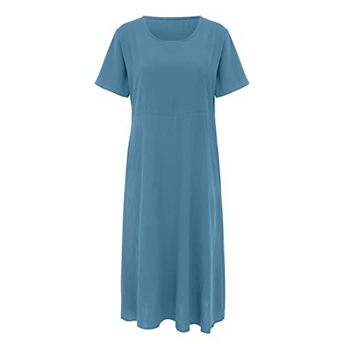 Leinenkleid Damen Sommer Lang Casual Rundhalsausschnitt Kurzarm Freizeitkleid A-Linie Sommerkleid Elegant Blusenkleid Große Größen Langes Kleid Partykleid Vintage Lange Sommerkleid Damen Luftige von Generic