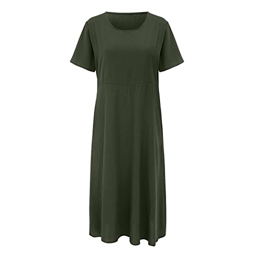 Leinenkleid Damen Sommer Lang Casual Rundhalsausschnitt Kurzarm Freizeitkleid A-Linie Sommerkleid Elegant Blusenkleid Große Größen Langes Kleid Partykleid Vintage Lange Sommerkleid Damen Luftige von Generic