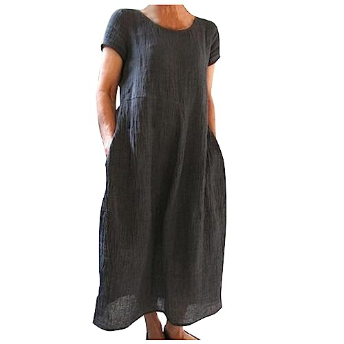 Leinenkleid Damen Sommer Musselin Sommerkleid Damen Leinenkleider Sommer Casual Rundhalsausschnitt Kurzarm Freizeitkleid Strandkleider Boho Langes Kleid mit Taschen von Generic