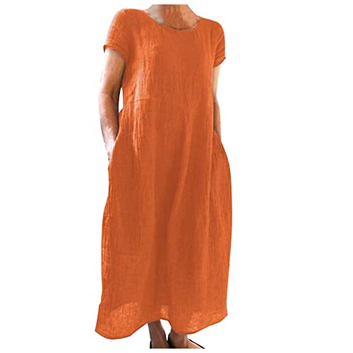 Leinenkleid Damen Sommer Musselin Sommerkleid Damen Leinenkleider Sommer Casual Rundhalsausschnitt Kurzarm Freizeitkleid Strandkleider Boho Langes Kleid mit Taschen von Generic