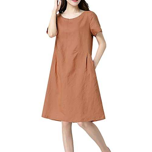 Leinenkleid Damen Sommer Rundhals Kurzarm Sommerkleid Damen Leinenkleider Baumwolle Leinen Blusenkleid Casual Freizeitkleid Strandkleider Boho Kleid A-Linie Kleid Hemdblusenkleid, Orange, M von Generic