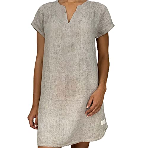 Leinenkleid Damen Sommer - Sommerkleid Damen Kurz T Shirt Kleid V Ausschnitt Kurzarm Strandkleid Einfarbig Baumwolle Leinen Kleider Leicht Luftig Große Größen Minikleid Blusenkleid für Frauen von Generic