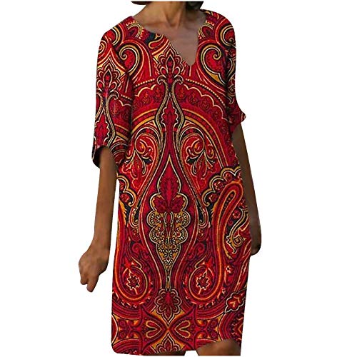 Leinenkleid Damen Sommer - Sommerkleid Knielang Strandkleid V-Ausschnitt Baumwolle Leinen Kleid Kurzarm Blusenkleid Leicht Bequeme A Linien Tunika Boho Kleider Vintage Freizeitkleid von Generic