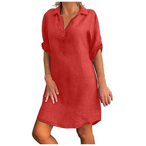 Leinenkleid Damen Sommer - Sommerkleid Knielang Tshirt Kleid Große Größen Blusenkleid mit Knöpfen V-Ausschnitt Revers Baumwolle Leinen Einfarbige Vintage Kleider Hemdkleid Shirtkleid von Generic