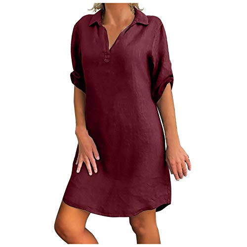 Leinenkleid Damen Sommer - Sommerkleid Knielang Tshirt Kleid Große Größen Blusenkleid mit Knöpfen V-Ausschnitt Revers Baumwolle Leinen Einfarbige Vintage Kleider Hemdkleid Shirtkleid von Generic