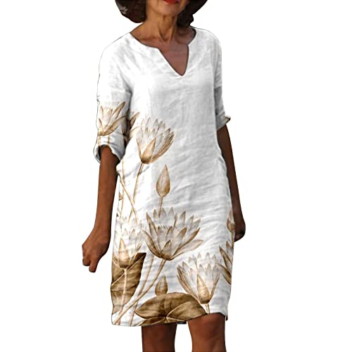 Leinenkleid Damen Sommer V-Ausschnitt Kurzarm Sommerkleid Damen Knielang Leinenkleider Baumwolle Leinen Blusenkleid Casual Drucken Freizeitkleid Strandkleider Kleid A-Linie Kleid (04 Weiß, XL) von Generic