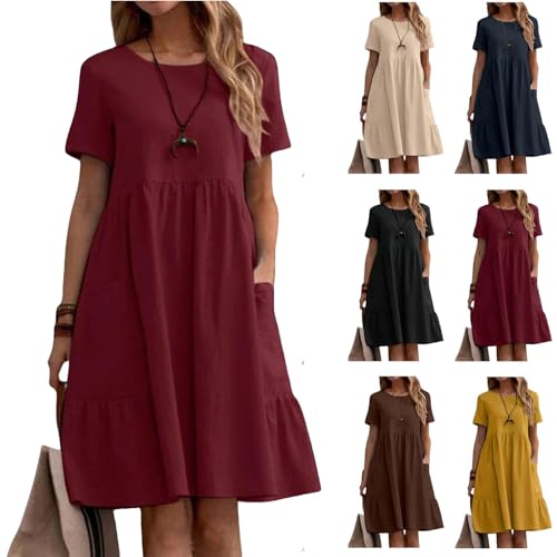 Leinenkleid für Damen, Sommerkleid mit Rundhalsausschnitt und kurzen Ärmeln, lässiges Midikleid aus Baumwolle und Leinen, kurzärmliges Rundhalskleid, locker fließendes Kleid mit Taschen (Red,M) von Generic