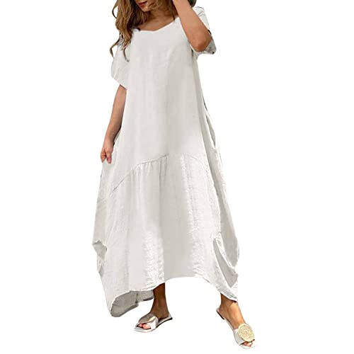 Leinenkleider Damen Lang Große Größen Damen Sommer Baumwoll Leinen Kleid Kurzarm Rundhals Boho Sommerkleid Strandkleid Einfarbig Locker Langes Kaftan Kleid Blusenkleid Freizeitkleid Strandkleider von Generic