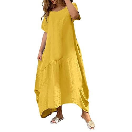 Leinenkleider Damen Lang Große Größen Damen Sommer Baumwoll Leinen Kleid Kurzarm Rundhals Boho Sommerkleid Strandkleid Einfarbig Locker Langes Kaftan Kleid Blusenkleid Freizeitkleid Strandkleider von Generic