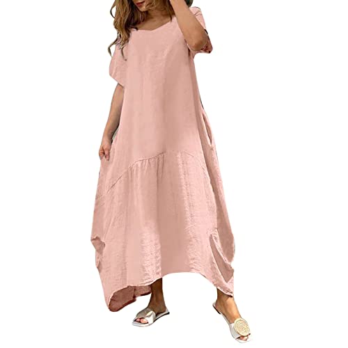 Leinenkleider Damen Lang Große Größen Damen Sommer Baumwoll Leinen Kleid Kurzarm Rundhals Boho Sommerkleid Strandkleid Einfarbig Locker Langes Kaftan Kleid Blusenkleid Freizeitkleid Strandkleider von Generic